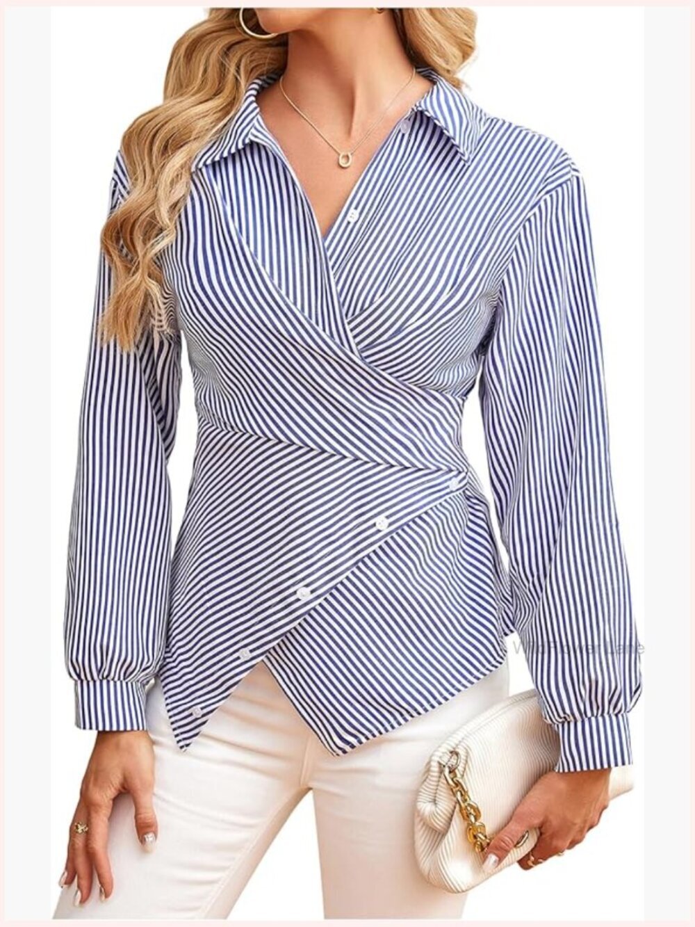 Striped Wrap Blouse Top Long Sleeve Asymmetrical Hem Collared Shirt Work Tops